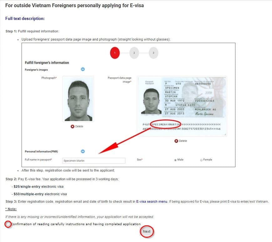 Vietnam E-visa official website - Read instructions, tick “Confirmation box”, click the “Next” button