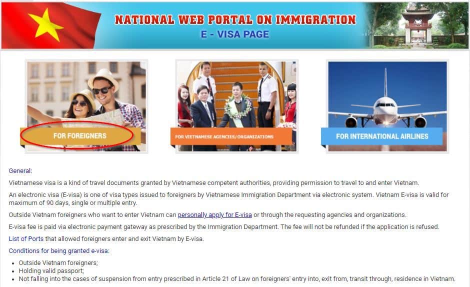 Vietnam E-visa official website - choose option “For Foreigners