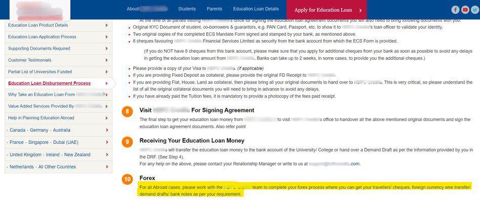 bank's education loan disbursement process webpage, highlighting step 10 about completing forex processes for overseas students, including obtaining traveller's cheques, foreign currency wire transfers, or demand drafts.