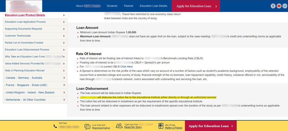 bank's education loan product details webpage, highlighting the loan disbursement section which mentions disbursing tuition fees directly to the educational institute or through an authorized service provider.