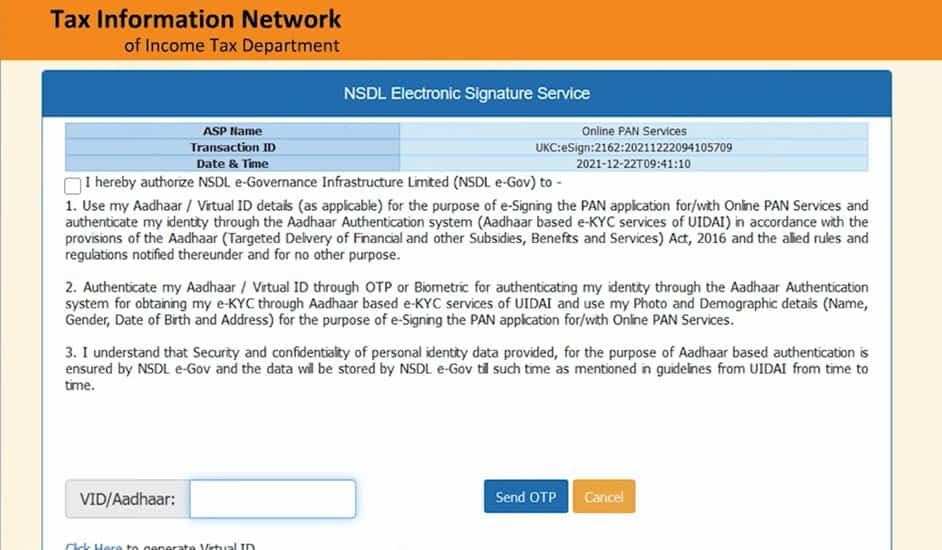 Authorization form where the applicant authorizes NSDL e-Governance Infrastructure Limited to use their Aadhaar or Virtual ID details for e-signing the PAN application. The form includes fields for the applicant to enter their VID/Aadhaar number and a 'Send OTP' button for authentication.