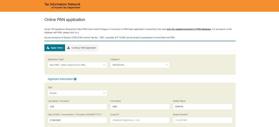 Protean website's online PAN application page with option to choose application type and category. The online form also have space to enter applicant information.