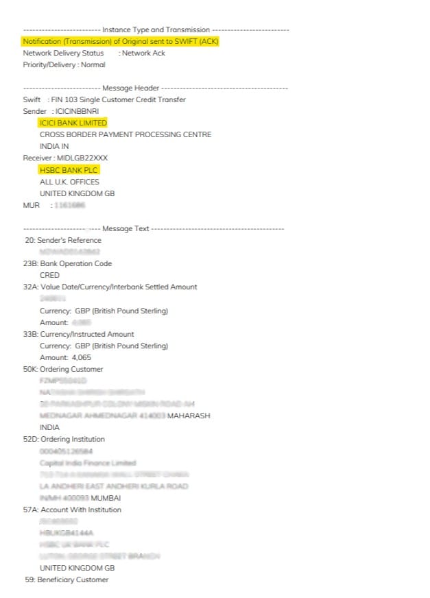 SWIFT message for a single customer credit transfer, detailing sender and receiver bank information, currency and amount transferred, and ordering and beneficiary customer details.