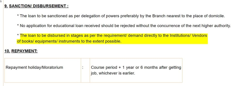 RBI Educational Loan Scheme document, highlighting the sanction/disbursement section which states that the loan should be disbursed directly to institutions or vendors in stages as per requirements.